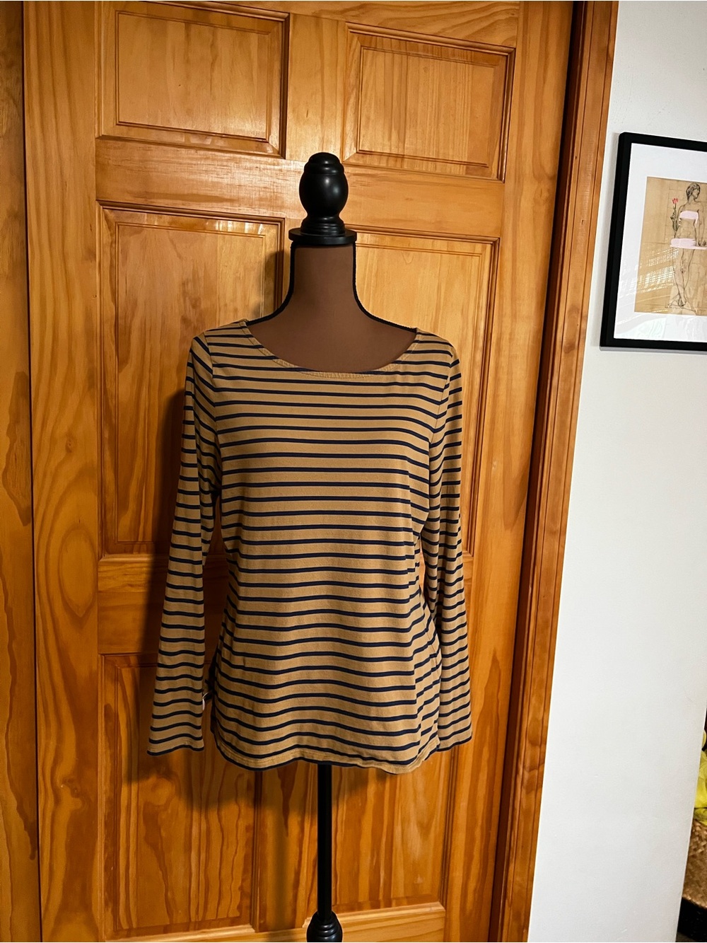 Boden Tan and Black Striped Long-Sleeve Scoop Neck Breton Top